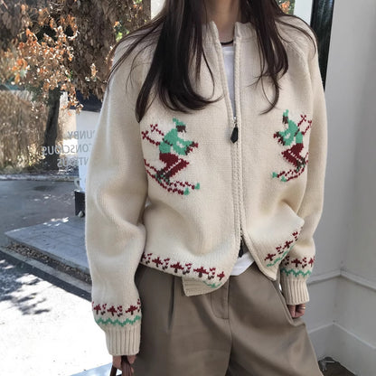 Gilet Zippé Vintage à Motifs Scandinaves